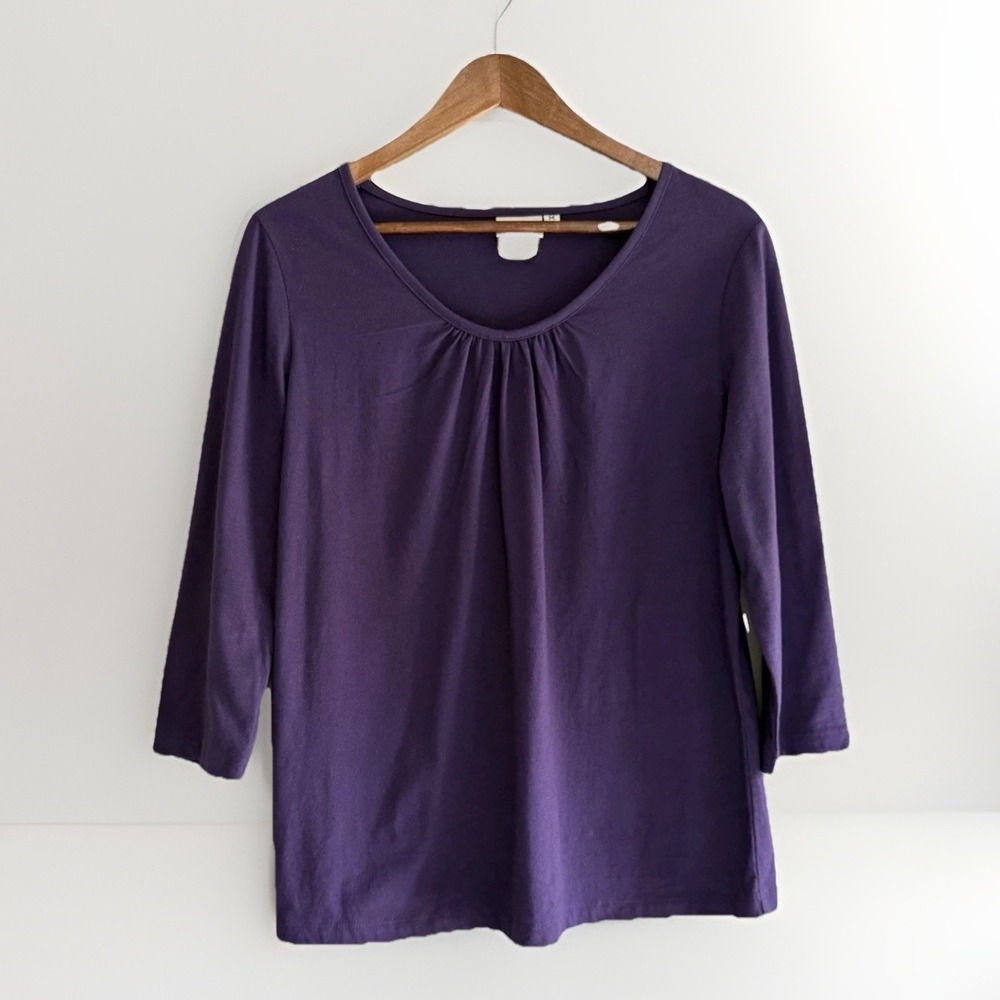 Hot Cotton Purple Top Round Neck 3/4 Sleeve Ruched Casual Classic Comfort Medium